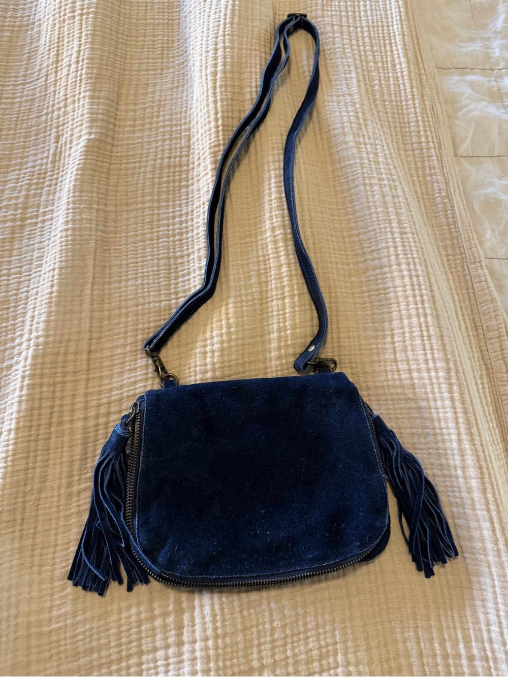 Navy Suede Fringe Crossbody Bag with Adjustable Strap